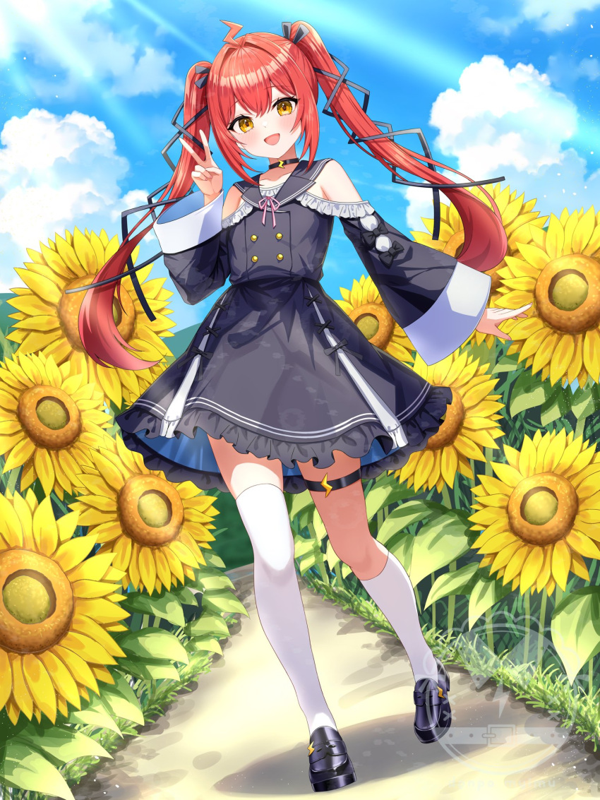 1girl, asymmetrical_legwear, black_choker, black_dress, black_shoes, character_request, choker, copyright_request, dress, floating_hair, flower, full_body, highres, kneehighs, loafers, long_sleeves, looking_at_viewer, open_mouth, outdoors, red_hair, second-party_source, shoes, smile, socks, standing, sunamama4788, sunflower, thigh-highs, thigh_strap, twintails, uneven_legwear, v, white_socks, white_thighhighs, wide_sleeves, yellow_eyes