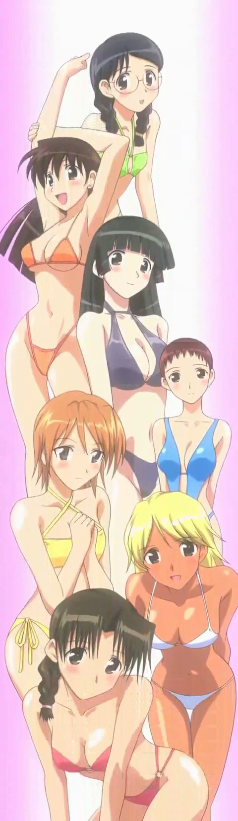 bandeau, big_breasts, bikini, blush, braid, breasts, cleavage, glasses, green_biniki, halter_top, halterneck, highleg, highleg_bikini, highleg_swimsuit, highres, kinugawa_ayano, kogal, large_breasts, mihara_kozue, nagayama_toki, o-ring_bottom, o-ring_top, ootsuka_mai_(character), ootsuka_mai_(school_rumble), red_bikini, saeko, saeko_(school_rumble), sagano_megumi, school_rumble, screencap, shiny, shiny_skin, side-tie_bikini, stitched, swimsuit, tan, white_bikini, yellow_bikini, yuuki_tsumugi