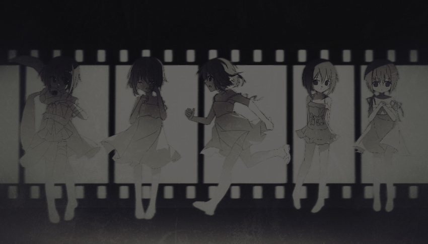 1girl, arms_behind_back, bare_shoulders, chinese_commentary, commentary, crying, dress, film_reel