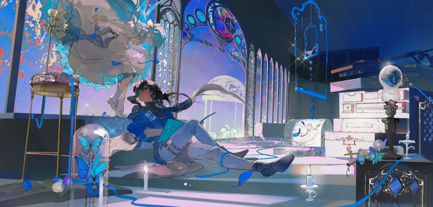 1boy, 1girl, ankle_boots, arched_window, ascot, bell_jar, bird_stand, black_boots