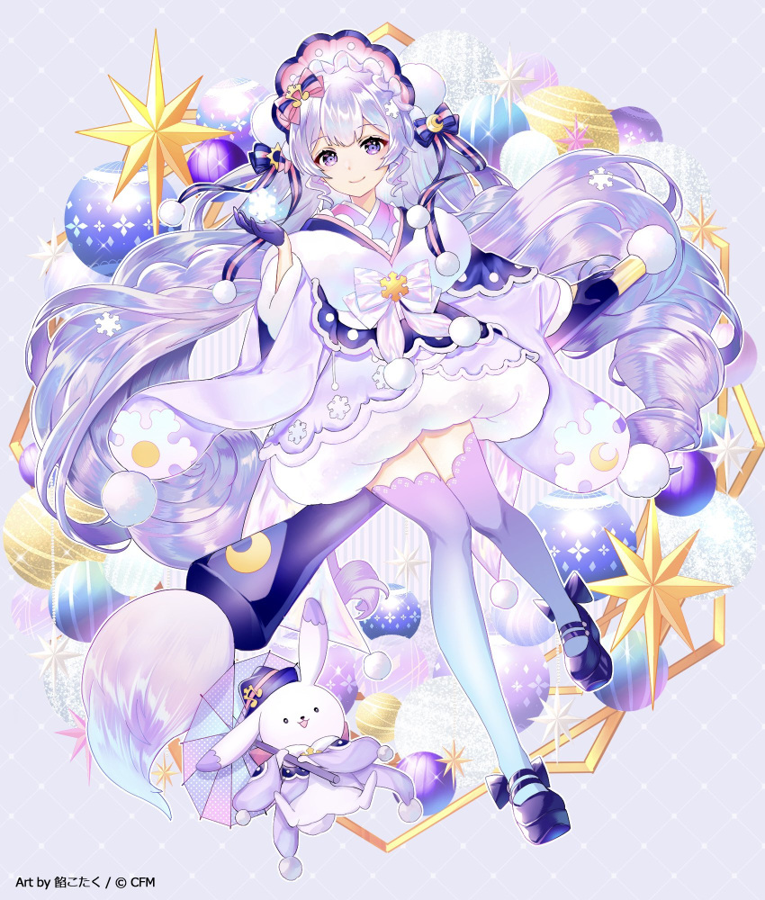 1girl, artist_request, calligraphy_brush, christmas_ornaments, closed_mouth, colorized, commentary_request, eyelashes, flower, grey_background, hair_ornament, hatsune_miku, highres, long_hair, looking_at_viewer, nurimas, paintbrush, purple_hair, purple_thighhighs, rabbit, smile, snowflake_hair_ornament, solo, thigh-highs, touoh, very_long_hair, violet_eyes, vocaloid, white_flower