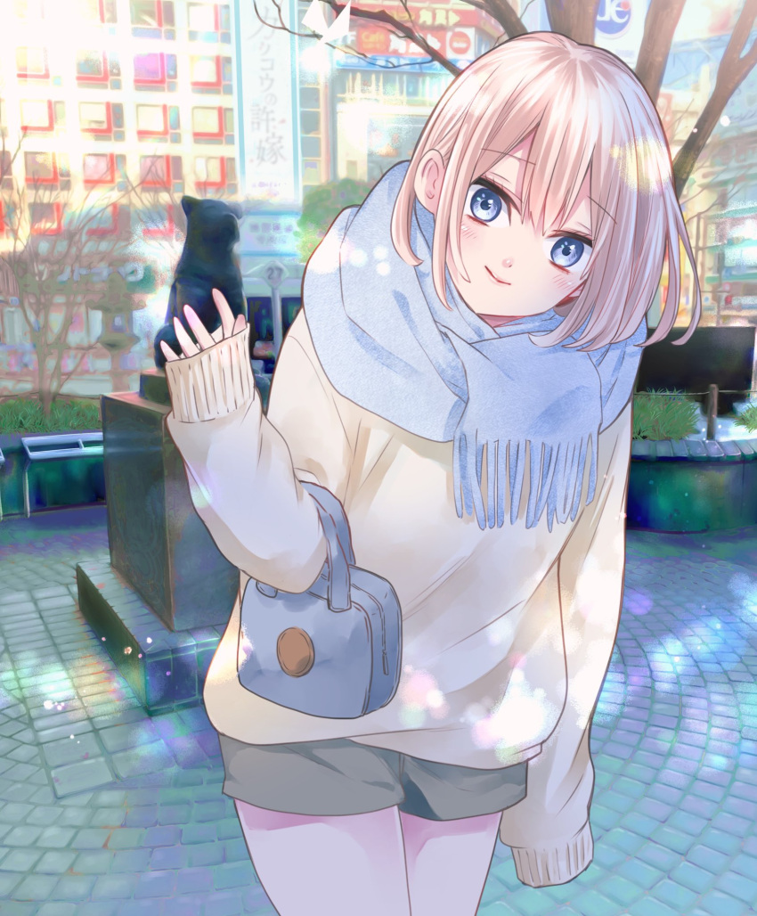 1girl, bag, blonde_hair, blue_bag, blue_eyes, blue_scarf, closed_mouth, elbow_carry