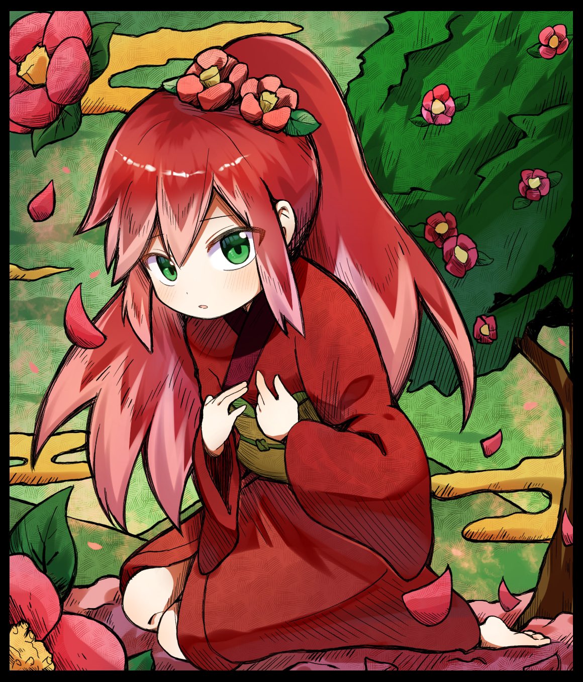 1girl, flower, green_eyes, hair_flower, hair_ornament, highres, japanese_clothes, kimono, kneeling, long_hair, looking_at_viewer, pink_flower, red_hair, red_kimono, solo, tree, tsubakihime_(youkai_watch), unnchi_haha, youkai_(youkai_watch), youkai_watch