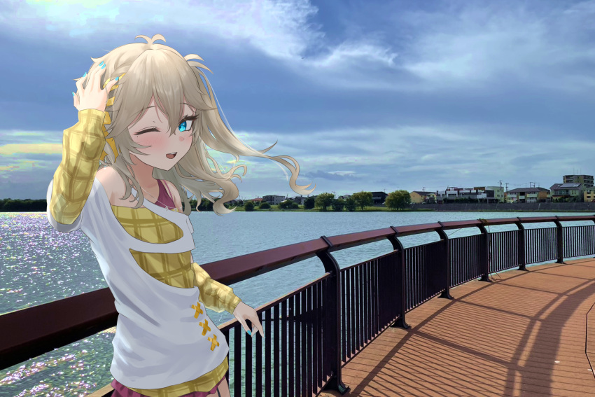 1girl, absurdres, against_railing, blonde_hair, blue_eyes, day, eru_aise, flat_chest