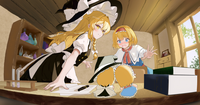 2girls, absurdres, alice_margatroid, black_hat, black_jacket, black_skirt, blonde_hair, blue_dress