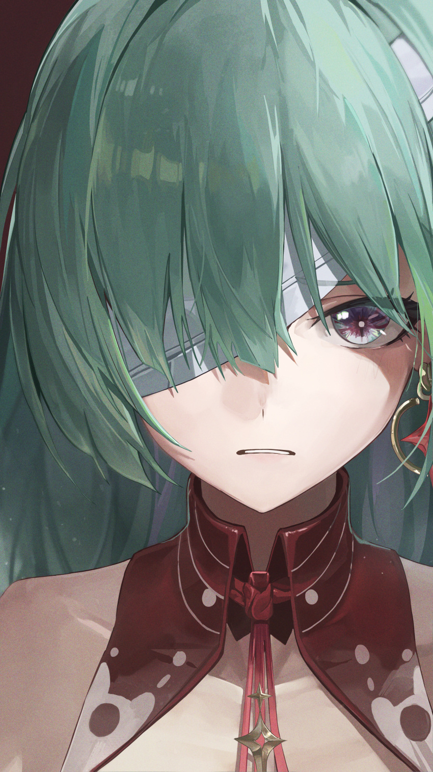 1girl, absurdres, bandage_over_one_eye, commentary, earrings, grey_eyes, grey_hair, hair_between_eyes, highres, jewelry, looking_at_viewer, megu_(jim48834420), parted_lips, phrolova_(wuthering_waves), portrait, solo, wuthering_waves