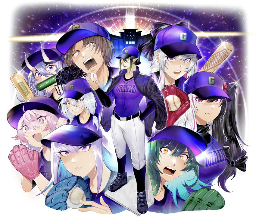 2boys, 6+girls, :3, absurdres, ball, baseball_bat, baseball_cap, baseball_uniform