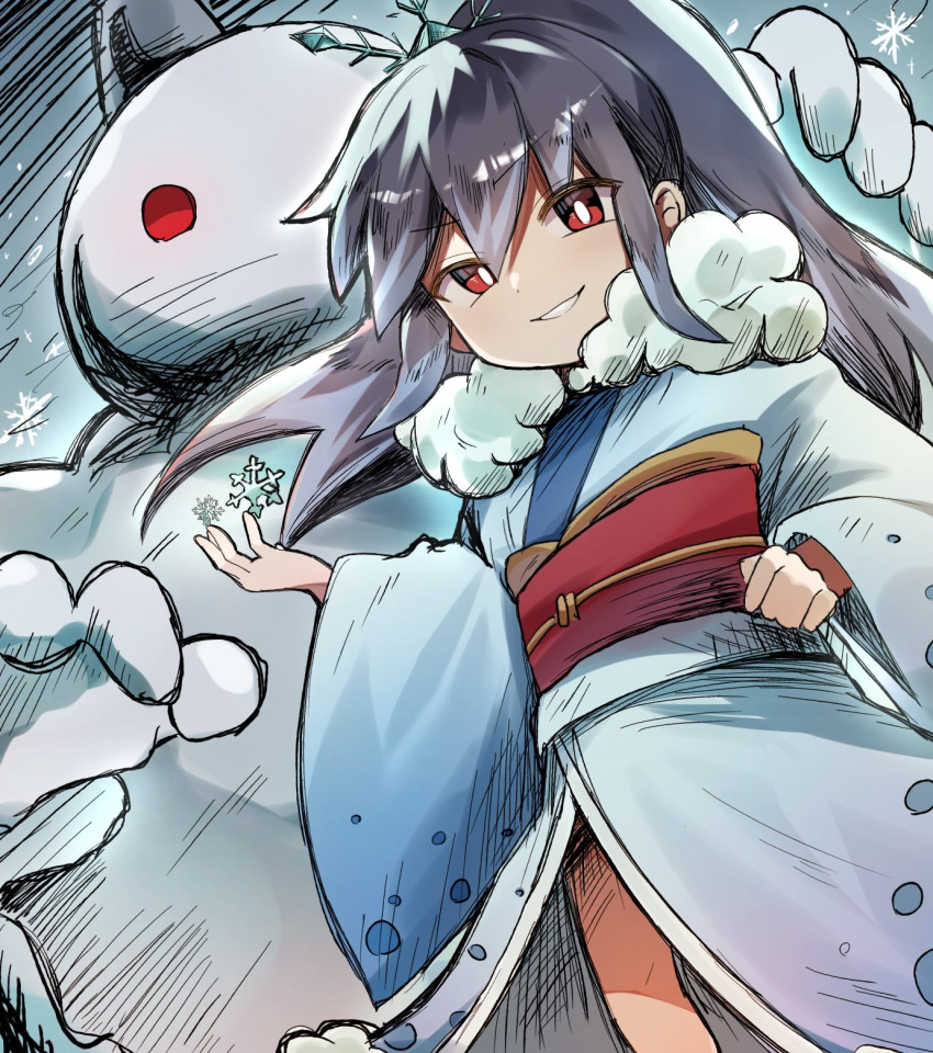 1girl, blue_kimono, bright_pupils, goku_fubukihime, grey_hair, grin, highres, japanese_clothes, kimono, long_hair, looking_at_viewer, red_eyes, smile, snowflakes, snowman, unnchi_haha, white_pupils, youkai_(youkai_watch), youkai_watch