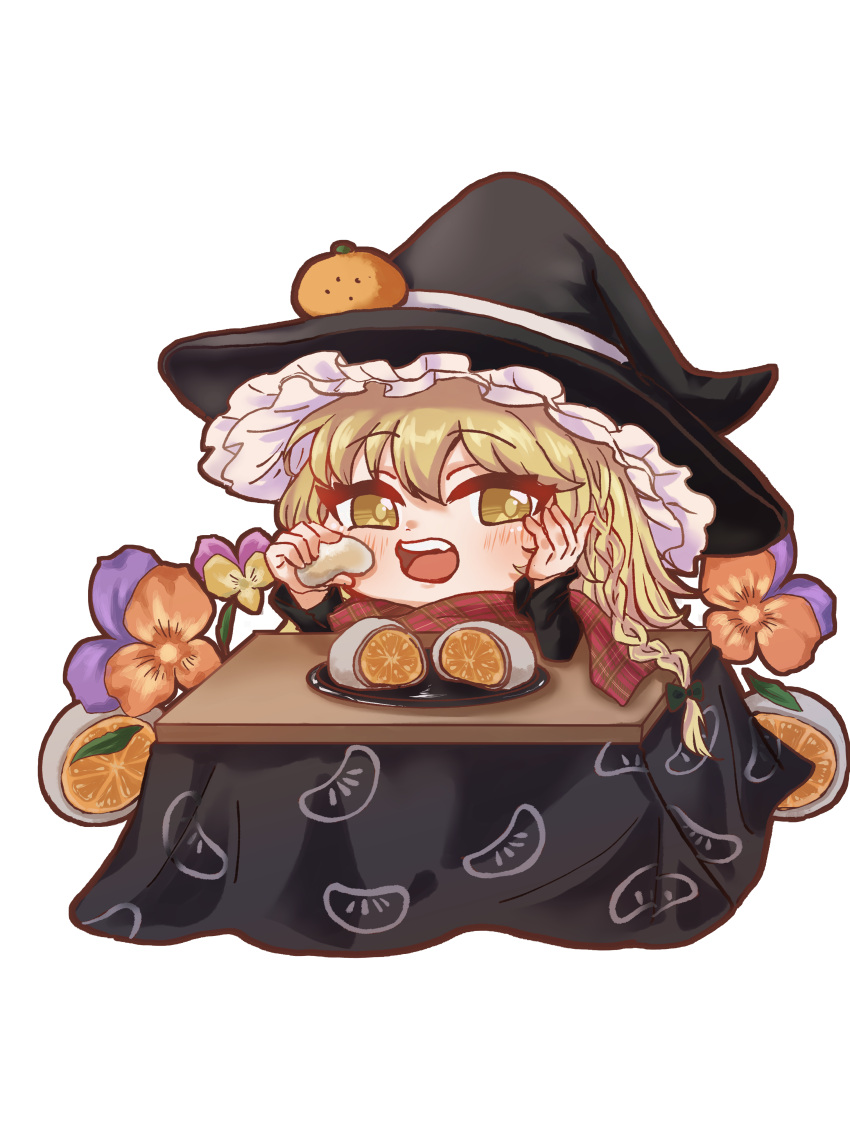 1girl, a16850155, absurdres, black_hair_bow, black_hat, blonde_hair, blush, braid, chibi, deformed, flower, food, frills, fruit, hand_on_own_cheek, hand_on_own_face, hat, highres, holding, holding_food, kirisame_marisa, long_hair, melon, melon_print, open_mouth, plaid_clothes, plaid_scarf, plate, scarf, simple_background, single_braid, solo, table, tablecloth, touhou, white_background