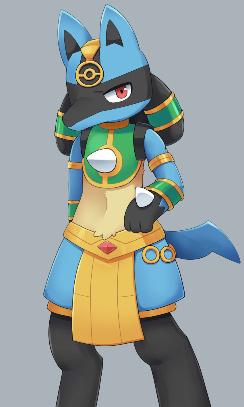 black_fur, blue_fur, clothed_pokemon, grey_background, highres, looking_at_viewer, lucario, lucario_(ruins)