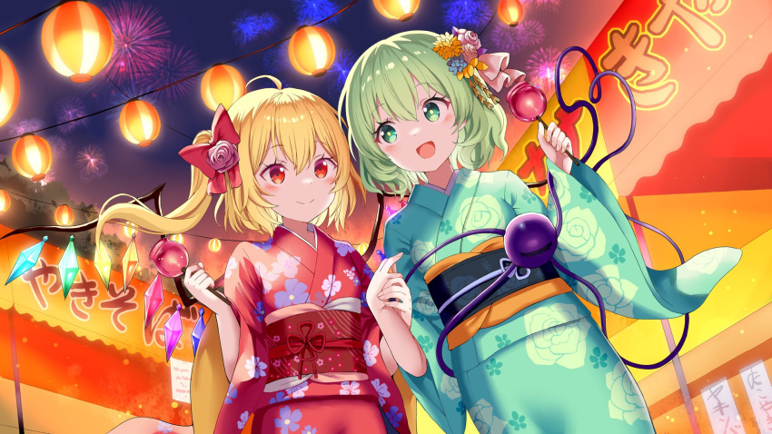 2girls, :d, aerial_fireworks, ahoge, alternate_costume, blonde_hair, blue_flower, bow