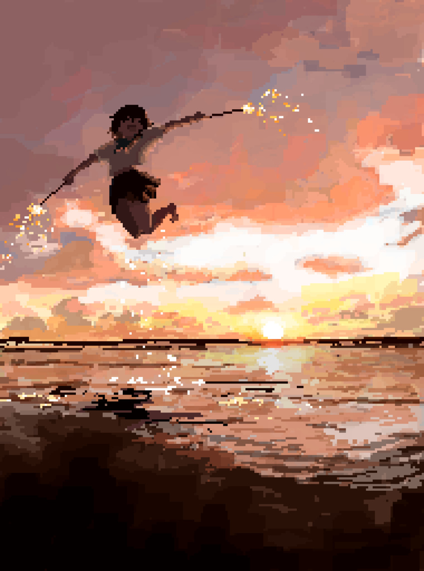 1girl, :d, absurdres, backlighting, beach, clouds, cloudy_sky, commentary