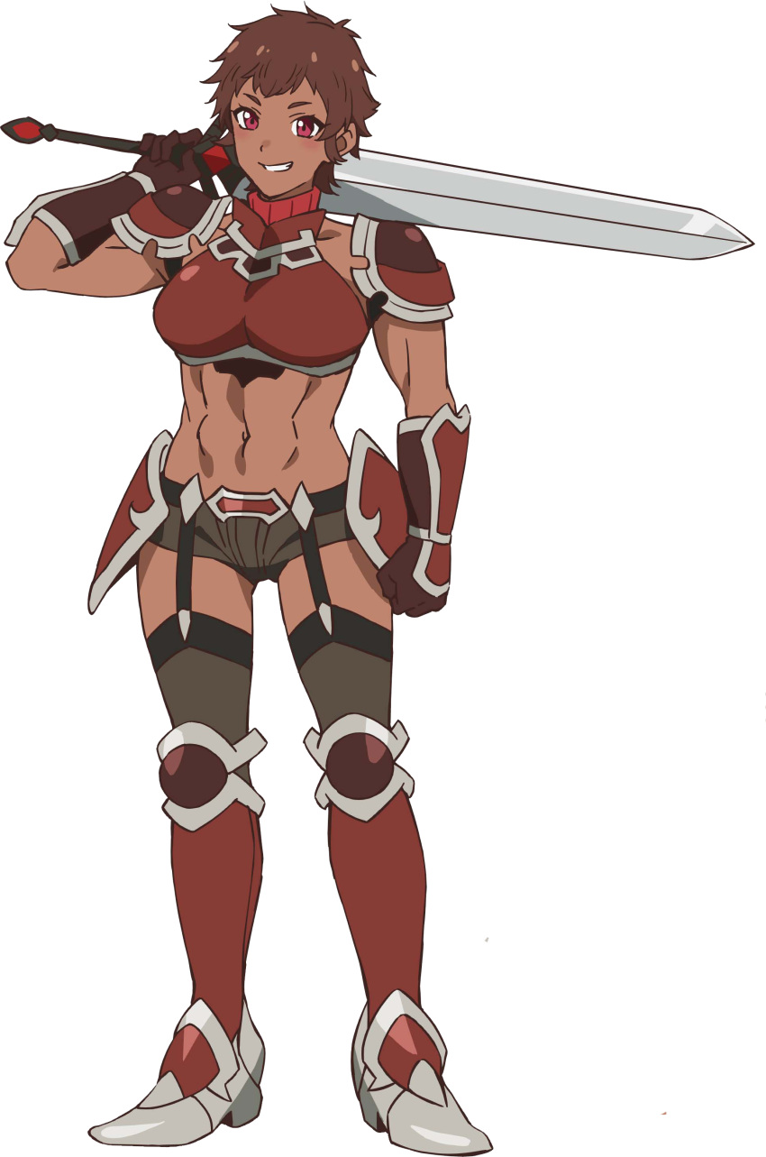 1girl, absurdres, anime_coloring, armor, blossom_(lv2_cheat), blush, breasts, brown_hair, dark-skinned_female, dark_skin, full_body, garter_straps, gauntlets, gloves, greaves, highres, holding, holding_sword, holding_weapon, looking_at_viewer, lv2_kara_cheat_datta_moto_yuusha_kouho_no_mattari_isekai_life, muscular, muscular_female, navel, official_art, open_mouth, pauldrons, red_eyes, short_hair, short_shorts, shorts, shoulder_armor, simple_background, smile, solo, standing, suwa_takehiro, sword, teeth, thick_eyebrows, thigh-highs, thighs, toned, toned_female, transparent_background, weapon