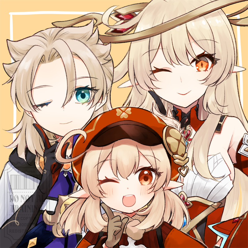 1boy, 2girls, albedo_(genshin_impact), alice_(genshin_impact), bare_shoulders, black_gloves, blonde_hair, blue_eyes, brown_gloves, brown_hair, cowlick, detached_sleeves, dress, genshin_impact, gloves, hat, headgear, jacket, klee_(genshin_impact), kuchinaa, long_hair, looking_at_viewer, mother_and_daughter, multiple_girls, one_eye_closed, pointy_ears, red_dress, red_eyes, red_hat, red_sleeves, smile, upper_body, watermark, white_jacket