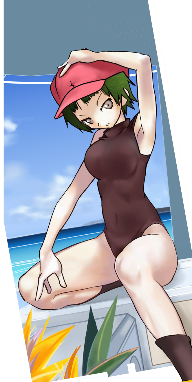 breasts, cabbie_hat, character_request, footwear, green_hair, hat, highres, large_breasts