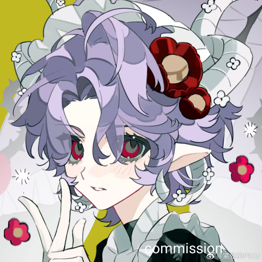 1girl, borrowed_design, expressionless, flower, highres, horns, jinzhangde_piku, purple_hair, red_eyes, red_flower, short_hair, wavy_hair, white_horns