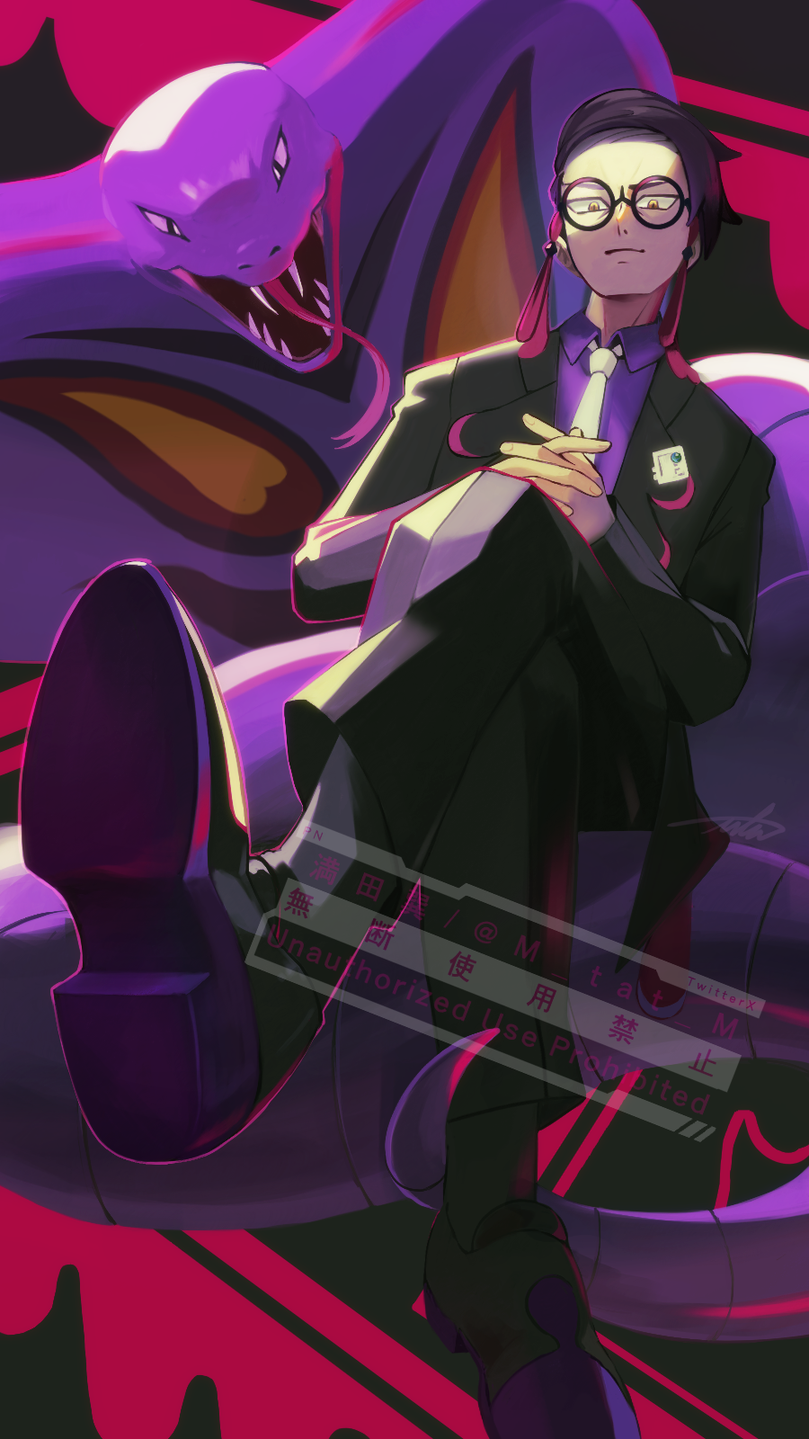 1boy, arbok, black-framed_eyewear, black_hair, black_jacket, black_pants, closed_mouth, collared_shirt