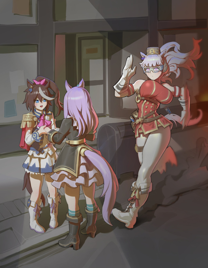 3girls, a-train_(the_boys), absurdres, animal_ears, bespectacled, blunt_bangs, bow, commentary