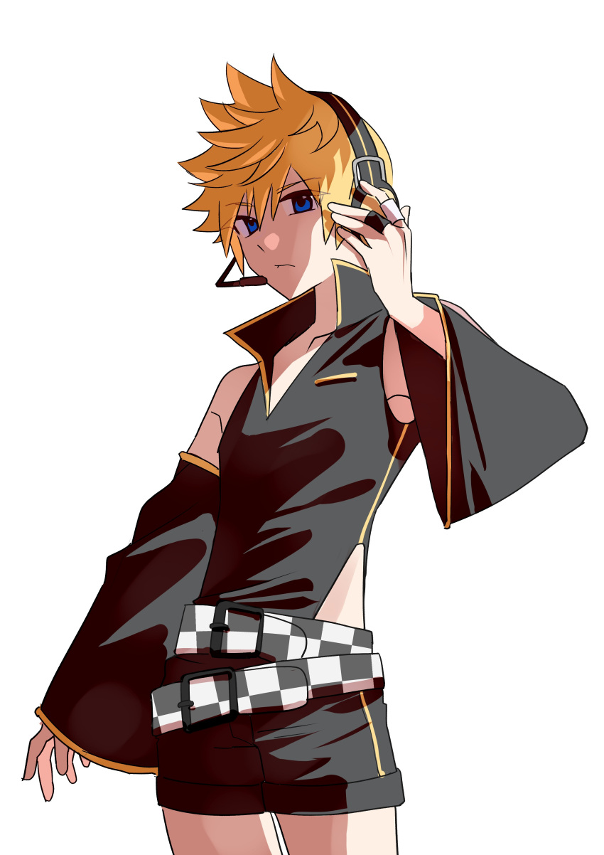 1boy, absurdres, belt, black_shorts, black_vest, blonde_hair, blue_eyes, checkered_clothes