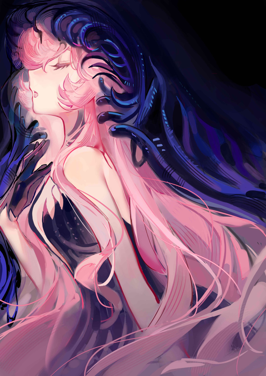 1girl, absurdres, bare_arms, bare_shoulders, black_background, black_dress, black_hands, black_veil