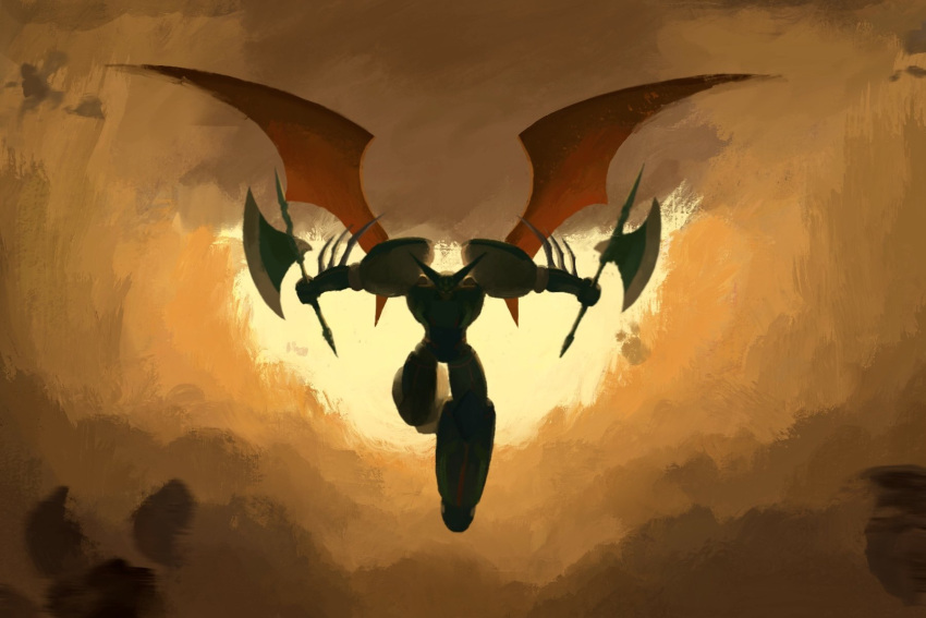 arm_blade, axe, battle_axe, clouds, demon_wings, dual_wielding, flying, full_body