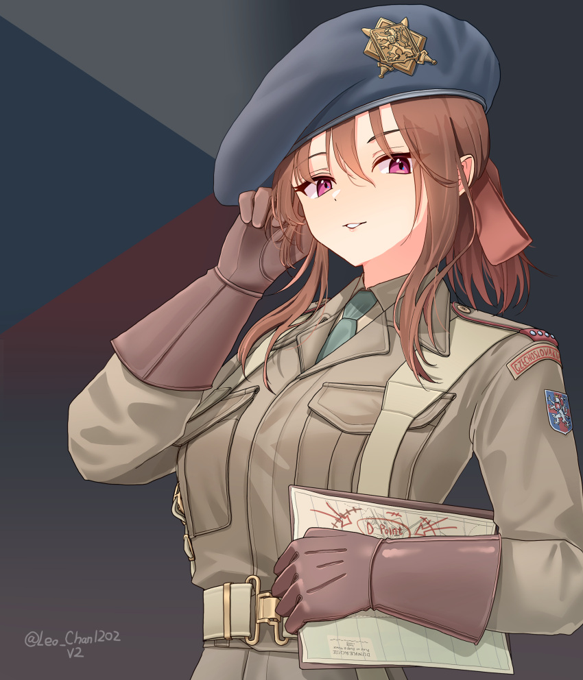 1girl, absurdres, artist_name, belt, beret, black_hat, bow, breast_pocket