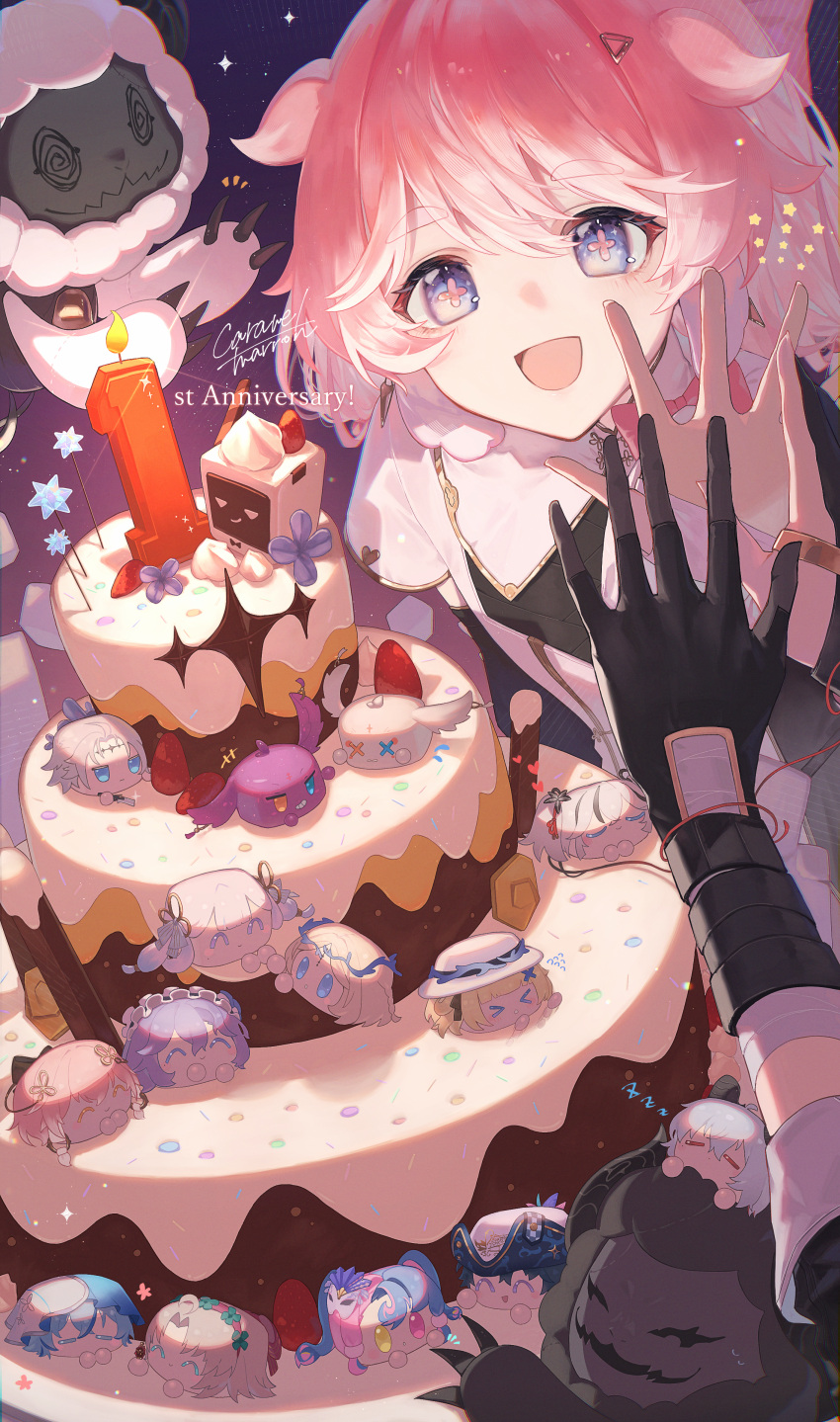 1boy, 2girls, abby_(wuthering_waves), absurdres, black_gloves, blue_eyes, brant_(wuthering_waves), cake