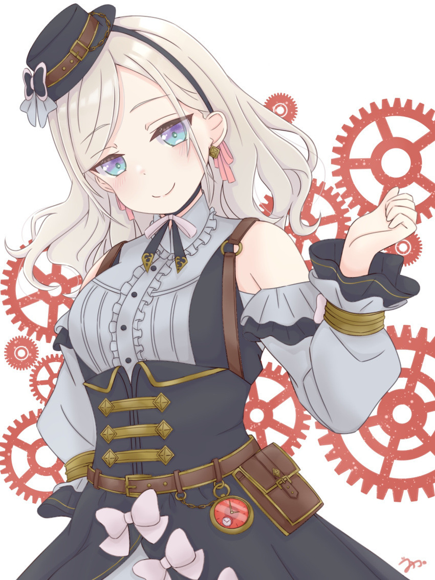 1girl, armpit_crease, bare_shoulders, black_hat, black_skirt, blue_eyes, blush, breasts