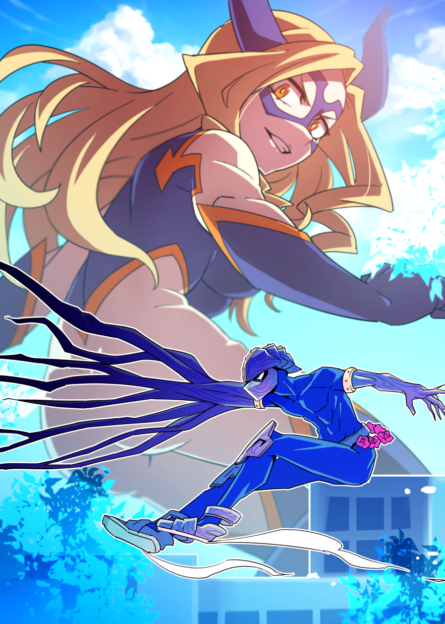 1boy, 1girl, abiko_yuuji, blonde_hair, blue_sky, bodysuit, boku_no_hero_academia, branch