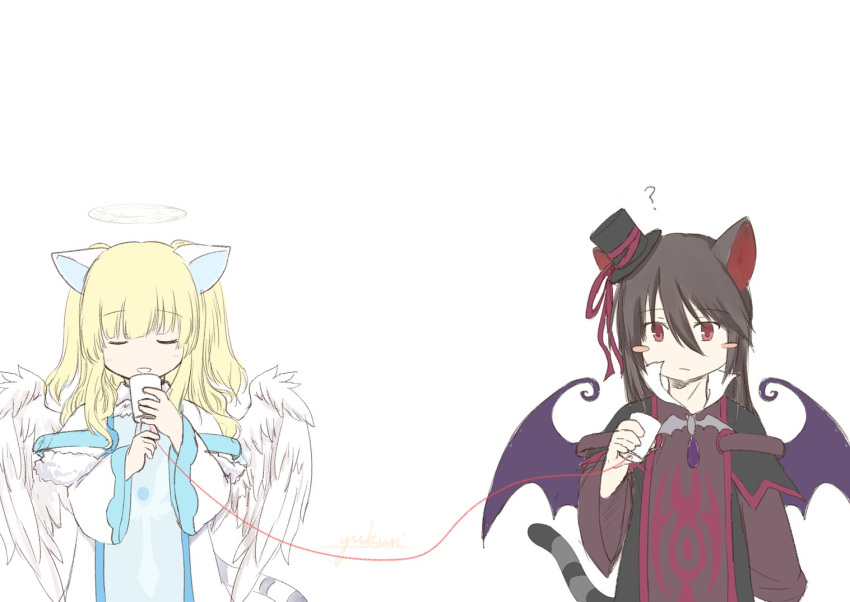 2girls, animal_ears, bat_wings, black_dress, black_hair, black_hat, blonde_hair, blue_dress, blush_stickers, cat_ears, cat_tail, closed_eyes, dress, emil_chronicle_online, halo, hat, jewelry, long_hair, multiple_girls, nekomata_kuro, nekomata_shiro, pendant, red_eyes, string_phone, tail, two-tone_dress, two_side_up, white_background, white_dress, white_wings, wings, yukuri, yuri