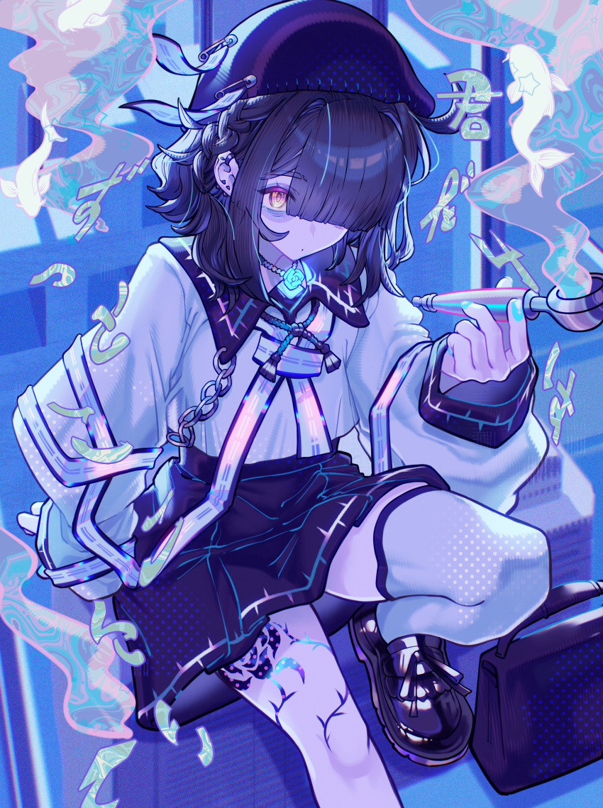 1girl, absurdres, bags_under_eyes, black_hair, black_skirt, blue_flower, blue_rose, closed_mouth, commission, flower, hair_over_one_eye, highres, holding, holding_smoking_pipe, indie_virtual_youtuber, jiangshi, leg_tattoo, long_sleeves, looking_at_viewer, medium_hair, nail_polish, one_eye_covered, rose, shirogami_seisho, shirt, skeb_commission, skirt, smoking_pipe, solo, steam, tattoo, virtual_youtuber, white_shirt, yellow_eyes, yosumi_(vtuber)