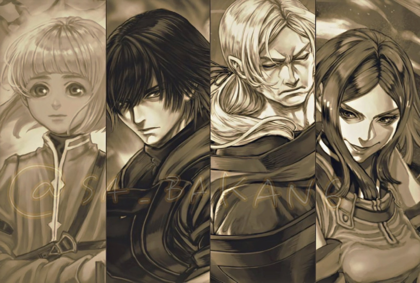 1girl, 3boys, arioch_(drag-on_dragoon), artist_name, caim_(drag-on_dragoon), child, closed_eyes, closed_mouth