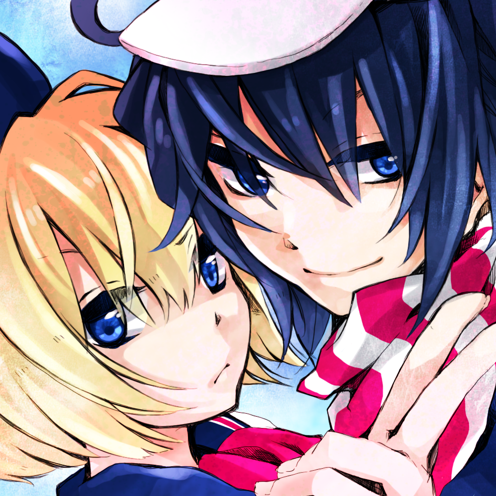 blonde_hair, blue_eyes, blue_hair, bonne_c, original, scarf, short_hair, smile