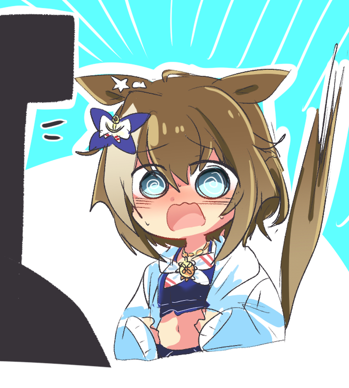 1boy, 1girl, @_@, animal_ears, blush, brown_hair, cheval_grand_(summer_calm_navy_drop)_(umamusume), cheval_grand_(umamusume), collarbone, commentary_request, hair_between_eyes, hair_ornament, horse_ears, horse_tail, jacket, jewelry, korean_commentary, looking_at_viewer, navel, necklace, omo_(saindoc), open_mouth, swimsuit, tail, umamusume