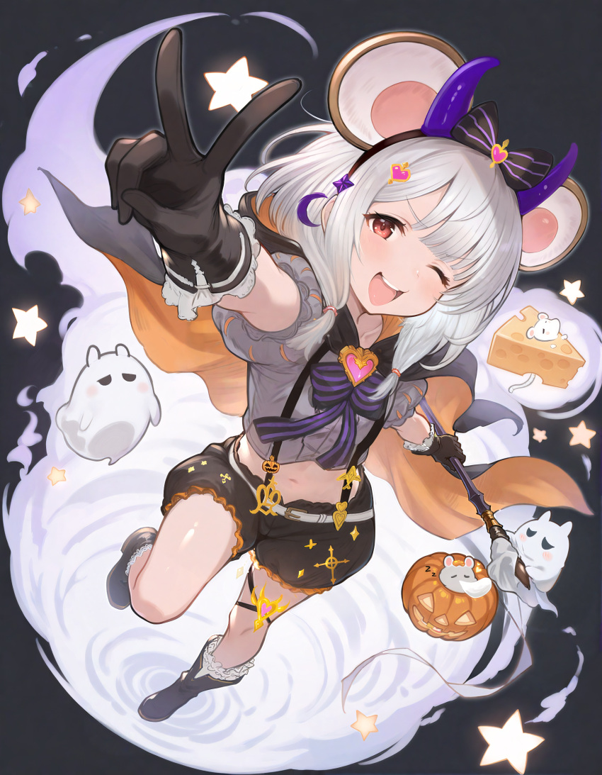 ai-assisted, animal_ears, black_background, cape, cheese, fake_animal_ears, food, ghost
