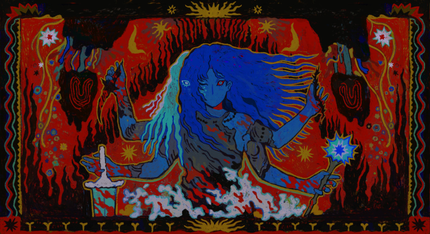 1girl, absurdres, blood, blood_on_weapon, blue_eyes, blue_hair, blue_skin, border