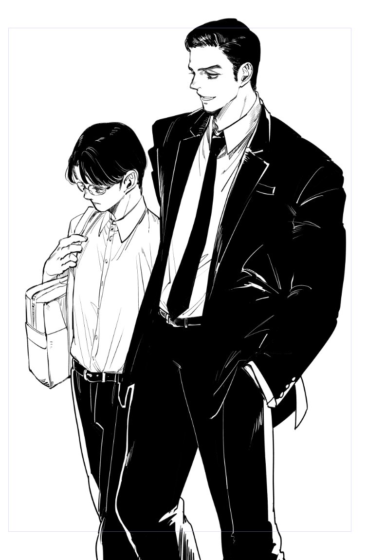 2boys, 7uzltfobuy66647, bag, belt, black_coat, black_eyes, black_hair, black_necktie, black_pants, closed_mouth, coat, collared_shirt, glasses, greyscale, karaoke_iko!, long_sleeves, looking_at_another, looking_down, male_focus, monochrome, multiple_boys, narita_kyouji, necktie, oka_satomi, pants, shirt, short_hair, shoulder_bag, simple_background, smile, white_background, white_bag, white_shirt