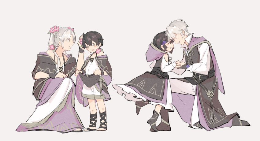 2boys, 2girls, adapted_costume, belt, black_belt, black_hair, brown_eyes, closed_eyes