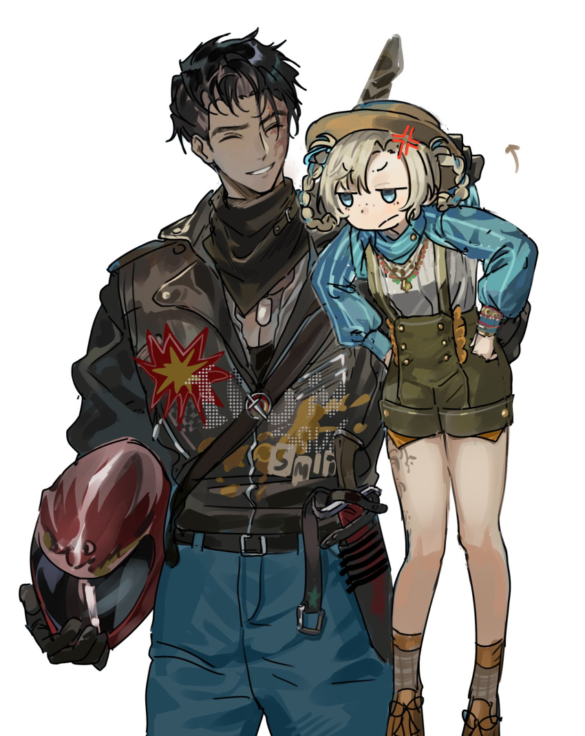 1boy, 1girl, :/, ^_^, anger_vein, arrow_(symbol), azumame_tetora, belt, black_belt, black_gloves, black_hair, black_jacket, black_neckerchief, blonde_hair, blue_eyes, blue_pants, blue_shrug, boater_hat, braid, braided_hair_rings, brown_hat, brown_shoes, burn_scar, carrying, carrying_person, closed_eyes, cowboy_shot, facing_another, freckles, full_body, gloves, grey_shorts, grey_socks, grin, hair_rings, hands_on_own_hips, hat, helmet, highres, holding_unworn_helmet, j_(reverse:1999), jacket, leg_tattoo, looking_at_another, looking_to_the_side, matilda_bouanich, matilda_bouanich_(the_genius's_holiday), motorcycle_helmet, neckerchief, official_alternate_costume, overall_shorts, overalls, pants, reverse:1999, scar, scar_on_face, shoes, short_hair, shorts, smile, socks, tattoo, weapon, weapon_on_back, white_background