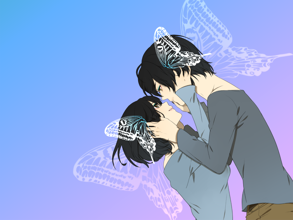 butterfly_hair_ornament, butterfly_wings, couple, eyeshadow, hair_ornament, hands_on_another's_face, hands_on_face, incipient_kiss