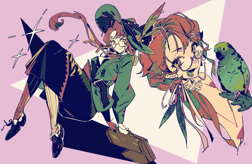 1girl, :d, bag, bird, bird_on_hand, closed_mouth, eyewear_strap, flower