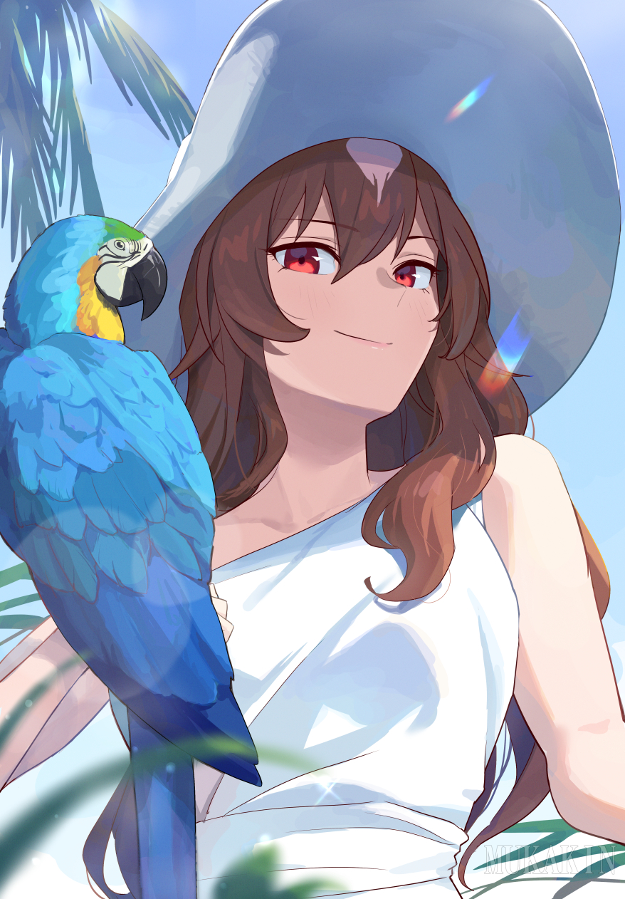 1girl, alternate_costume, animal, bare_shoulders, bird, blue_sky, brown_hair, closed_mouth
