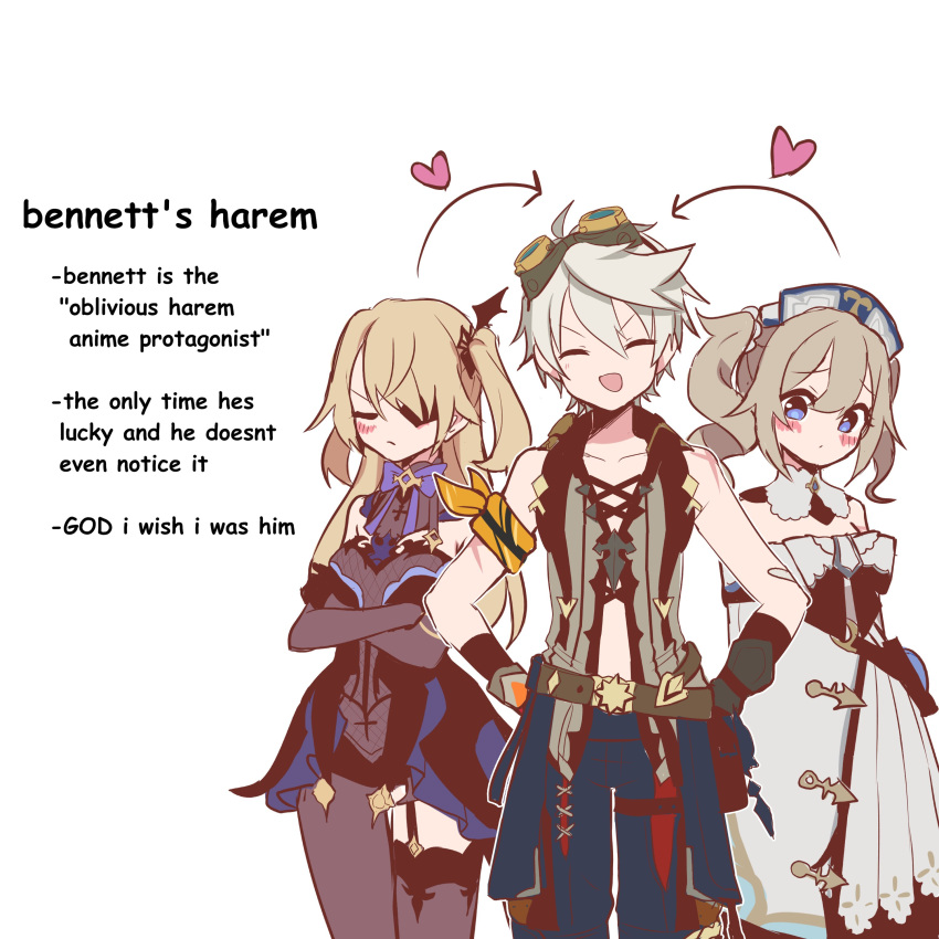 1boy, 2girls, 5mi_gi, absurdres, bad_id, bad_twitter_id, barbara_(genshin_impact), bennett_(genshin_impact)