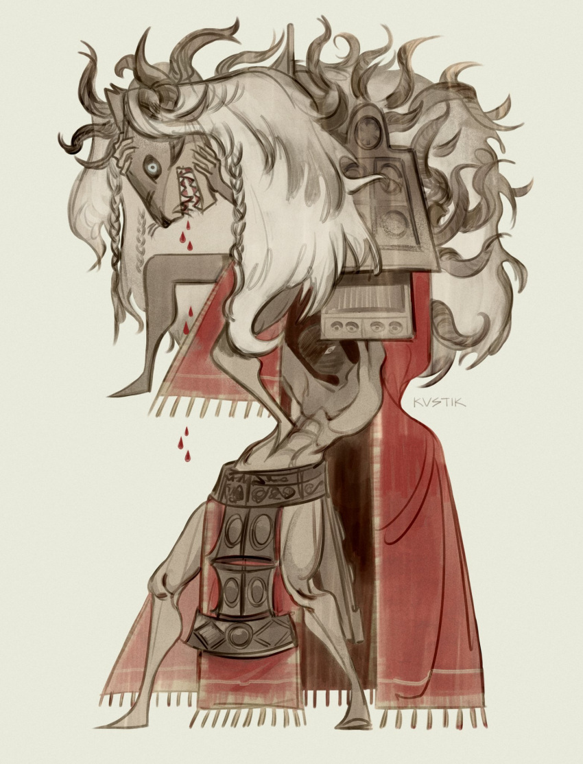 armor, asymmetrical_horns, black_sclera, blood, blood_drip, blue_eyes, braid, colored_sclera