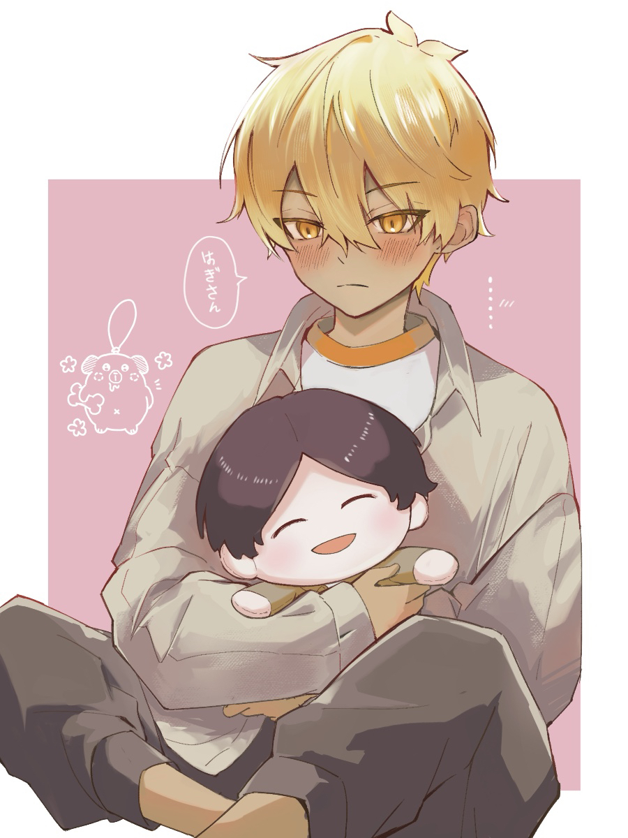 1girl, blonde_hair, blush, brown_hair, character_doll, charm_(object), collared_shirt, dark-skinned_female