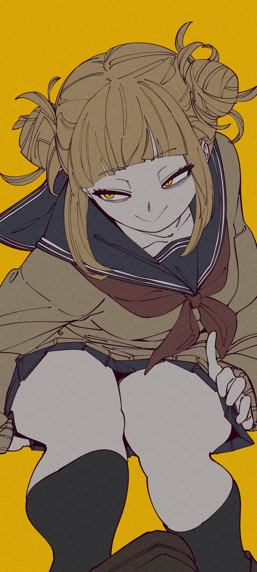 1girl, absurdres, black_socks, blonde_hair, blue_sailor_collar, blue_sky, boku_no_hero_academia, brown_sweater