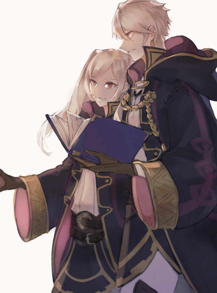 1boy, 1girl, black_gloves, black_robe, book, brown_eyes, dual_persona, female_robin_(fire_emblem)