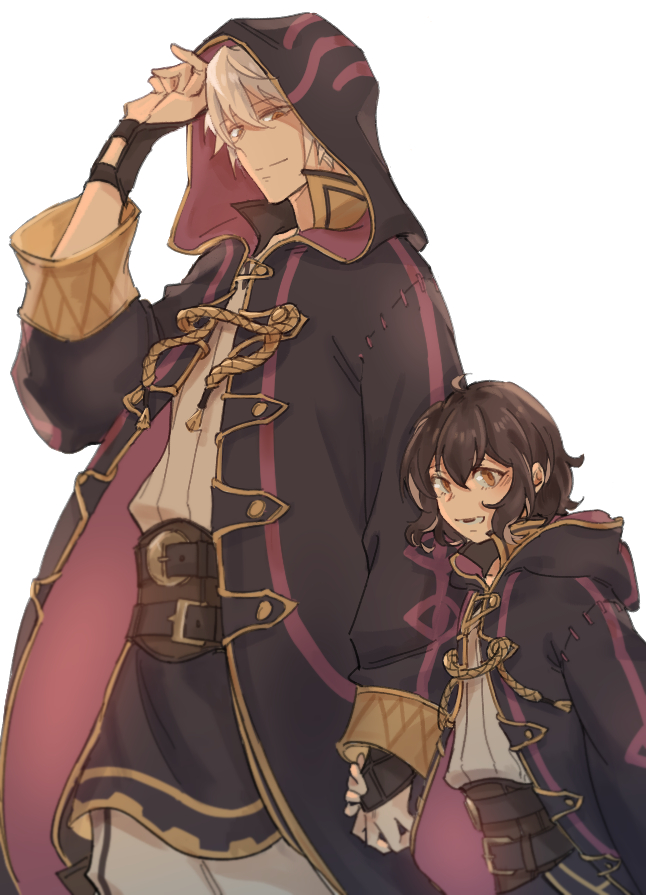 1boy, 1girl, ahoge, belt, black_belt, black_robe, brown_eyes, closed_mouth