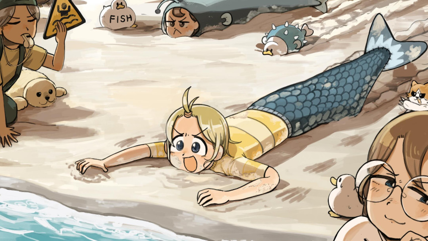 1boy, 3girls, :<, :3, :d, beach, bird, blonde_hair