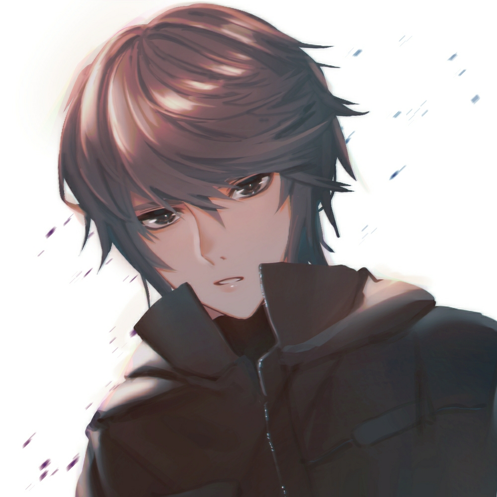 1boy, black_jacket, brown_eyes, brown_hair, closed_mouth, expressionless, harua_sorausagi, jacket